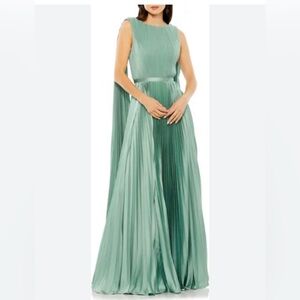 Mac Duggal Green Sleeveless High Neck Cape Back Heat Pleated Maxi Gown In Sage